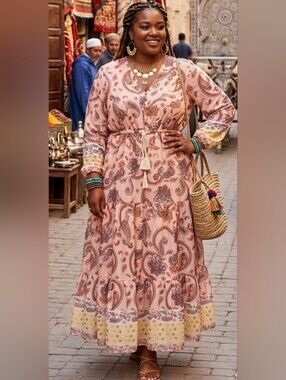Pink Paisley Tiered Long-Sleeve Maxi Dress